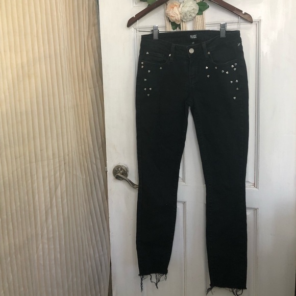 PAIGE Verdugo Embellished Ankle Ultra Skinny Jeans (Noir Studded Heart) - Picture 2 of 6